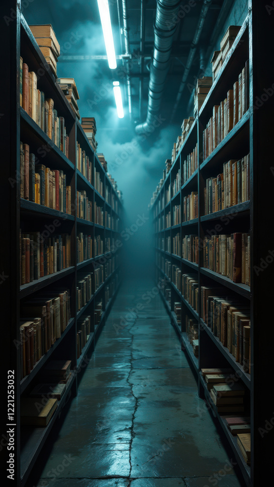 Fototapeta premium A dark library filled with rows of books in an old building, with a focus on environmental consciousness.
