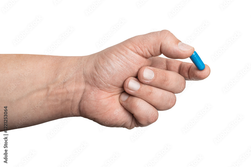 Male hand holding blue medicine capsule, antibiotic pill, or painkiller, isolated on transparent background. healthcare and treatment concept Male hand holding blue medicine capsule, antibiotic pill, or painkiller, isolated on transparent background. healthcare and treatment concept