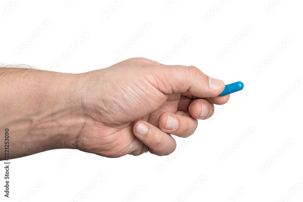 Male hand holding blue medicine capsule, antibiotic pill, or painkiller, isolated on transparent background. healthcare and treatment concept Male hand holding blue medicine capsule, antibiotic pill, or painkiller, isolated on transparent background. healthcare and treatment concept