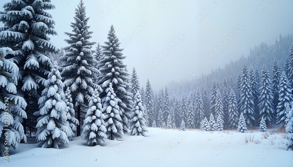 Naklejka premium Snow-Covered Pine Trees in a Peaceful Winter Landscape