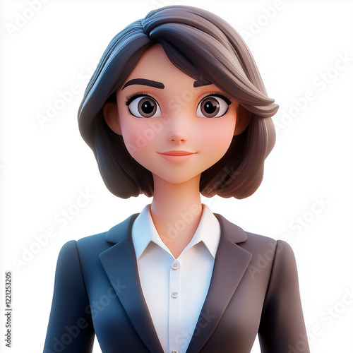 A professional 3D cartoon avatar of a young female customer service representative. She is dressed in a business suit and shirt, rendered in a Cinema 4D-inspired style with vibrant, bright colors