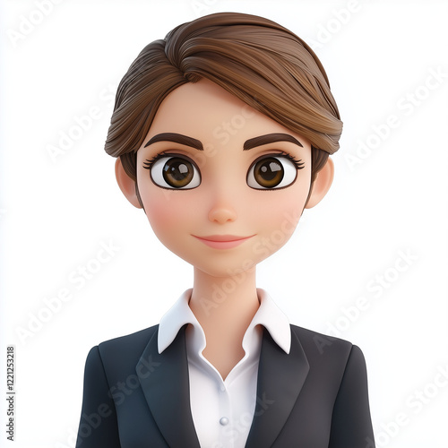 A professional 3D cartoon avatar of a young female customer service representative. She is dressed in a business suit and shirt, rendered in a Cinema 4D-inspired style with vibrant, bright colors