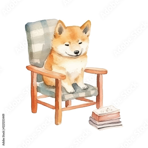 watercolors Cute shiba inu dog sitting on chair illustration