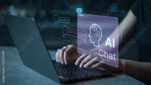 Woman using laptop, chatting with AI chatbot. Artificial intelligence, futuristic technology, seamless communication, innovative solutions, digital   