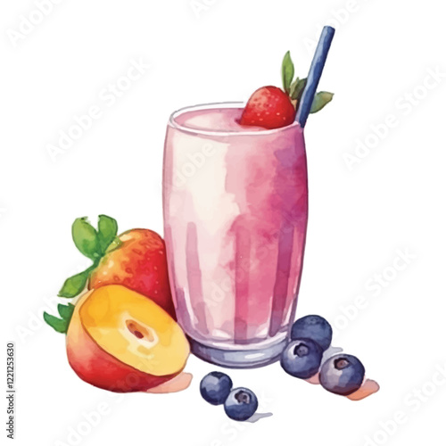 watercolors A refreshing fruit smoothie in a glass illustration
