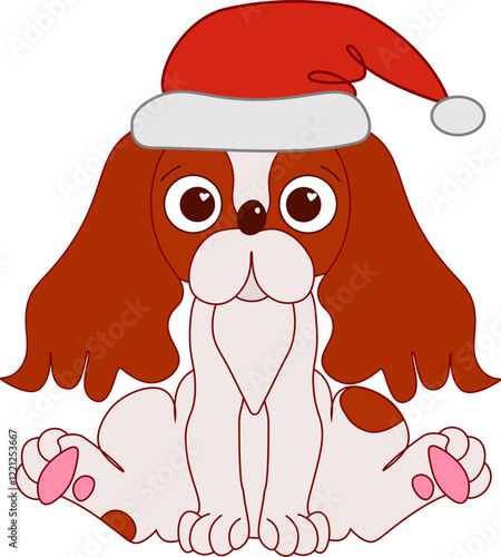 Cavalier King Charles Spaniel in Santa Hat Vector Illustration Tshirt Design Logo Icon Christmas Greeting Card graphic line