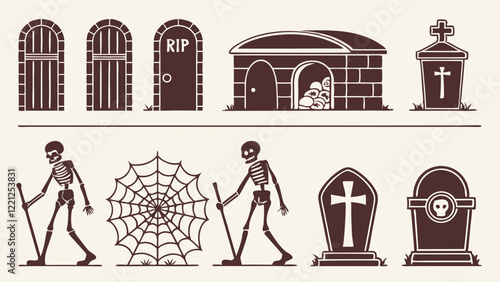 Flat icons depicting ancient crypts, sarcophagi, skeletons, and treasure chests, symbolizing archaeological discovery.