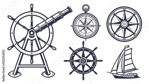 Flat icons illustrating ancient celestial navigation tools such as astrolabes, mutants, and star charts.