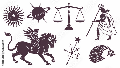 Flat icons representing cosmic myths with celestial beings and astral crowns, depicting mythological figures in space.
