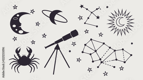 Flat icons of celestial astrology with constellations, zodiac signs, and moons, representing astrological practices.