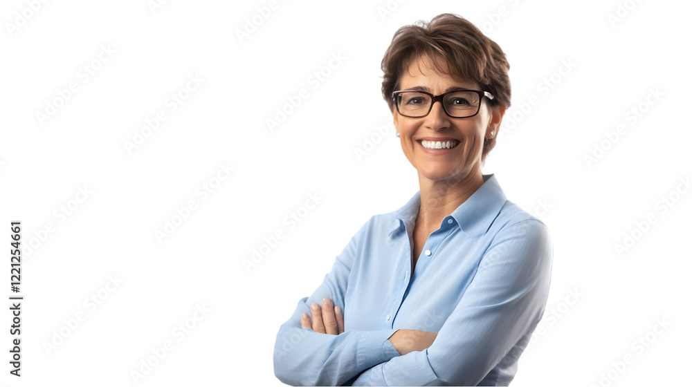 a confident businesswoman in glasses, smiling with her arms crossed