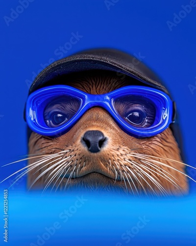 A cute seal wearing blue goggles and a cap, ready for underwater adventures against a vibrant blue backdrop. photo