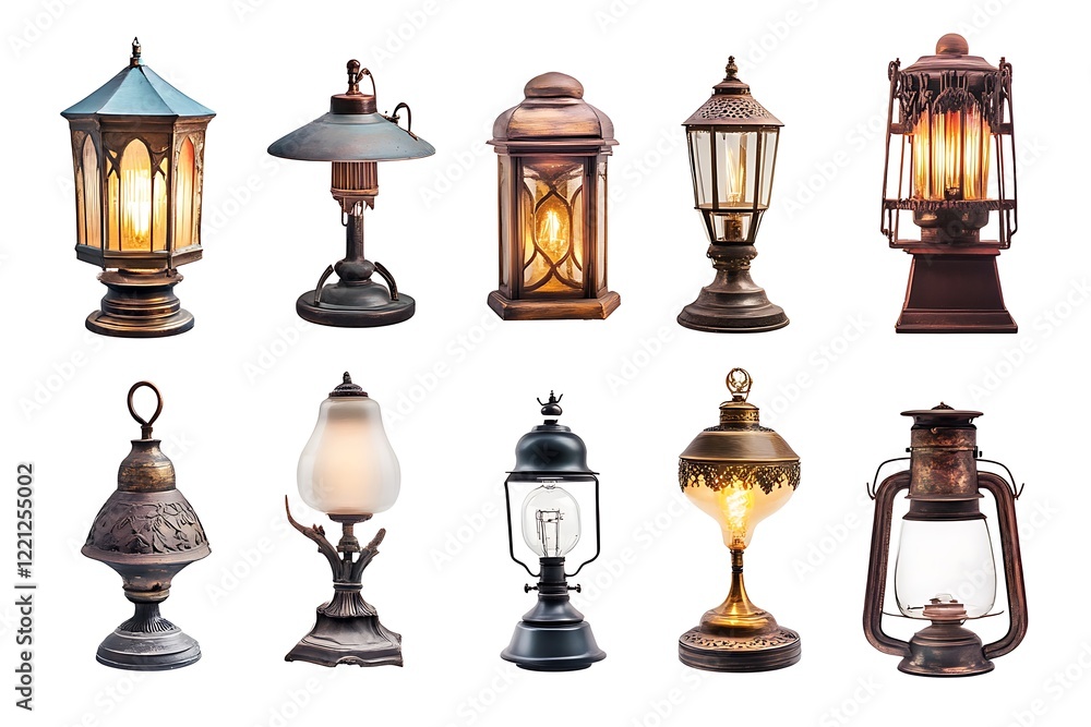 Fototapeta premium Collection of old lamp set on isolate white background