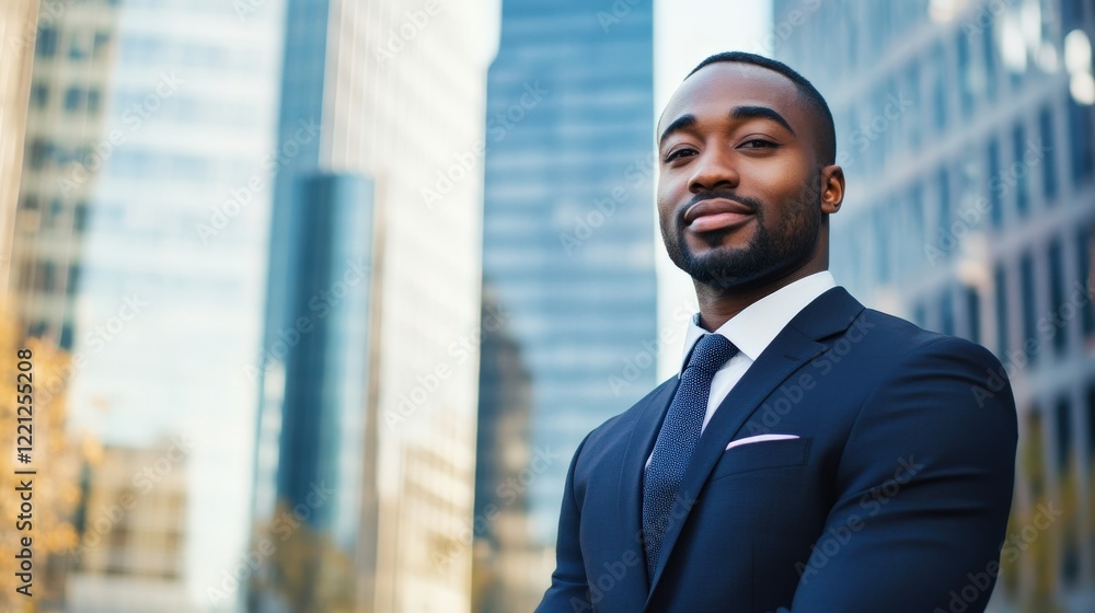 Fototapeta premium Confident African American Businessman Cityscape Background