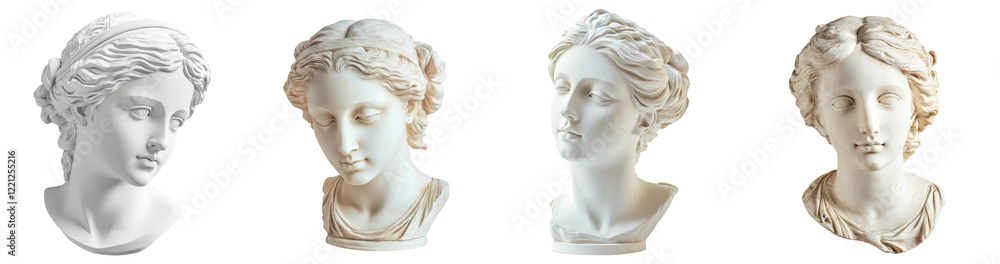 Obraz premium A collection of four classical sculptures showcases the serene beauty of female heads, each with unique hairstyles.
