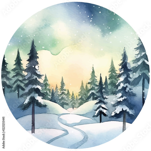 watercolors A stunning aurora borealis over a snow illustration