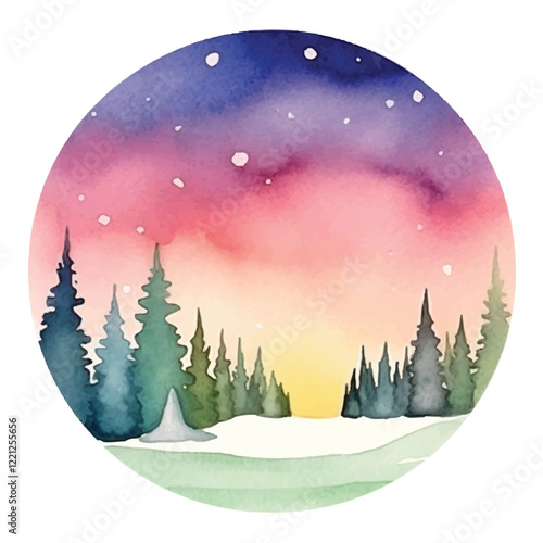 watercolors A stunning aurora borealis over a snow illustration