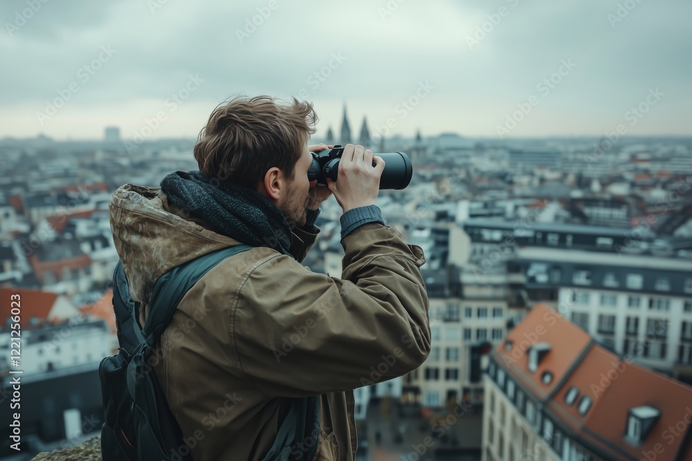 Obraz premium a man looks through binoculars on the blue background
