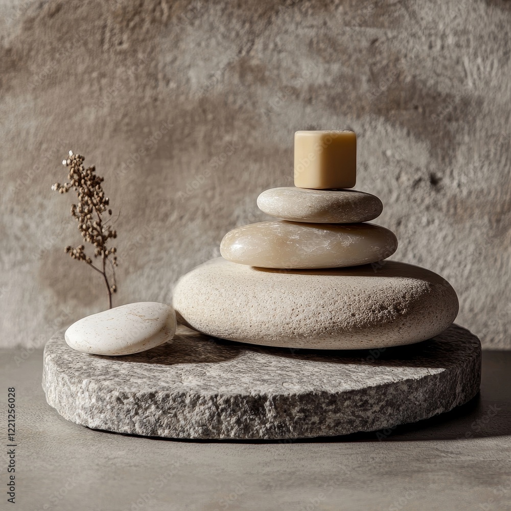 Spa still life with stack of stones and soap on concrete background Spa still life with stack of stones and soap on concrete background