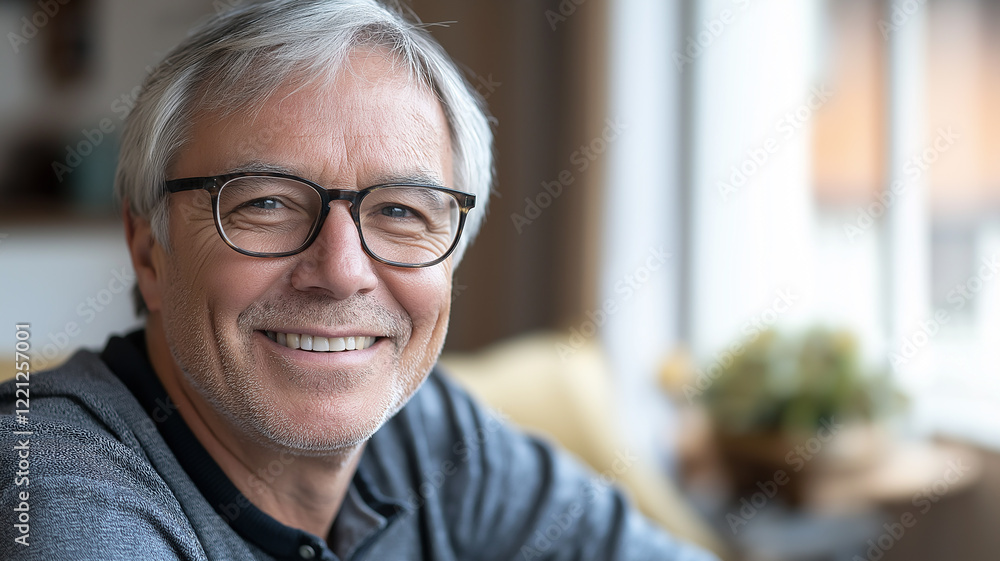 photograph of a A crystal-clear portrait of a happy senior man with gray hair and glasses, smiling warmly in a cozy home environment photograph of a A crystal-clear portrait of a happy senior man with gray hair and glasses, smiling warmly in a cozy home environment