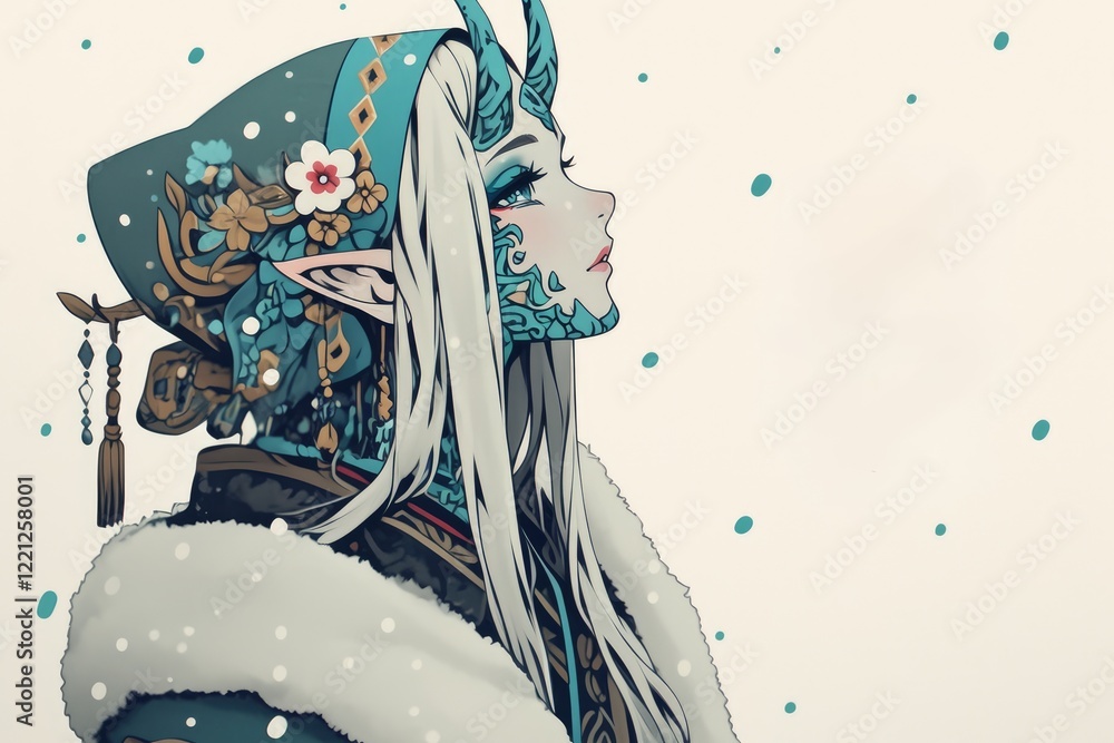 Obraz premium Elegant Anime Woman with Horns and Winter Attire