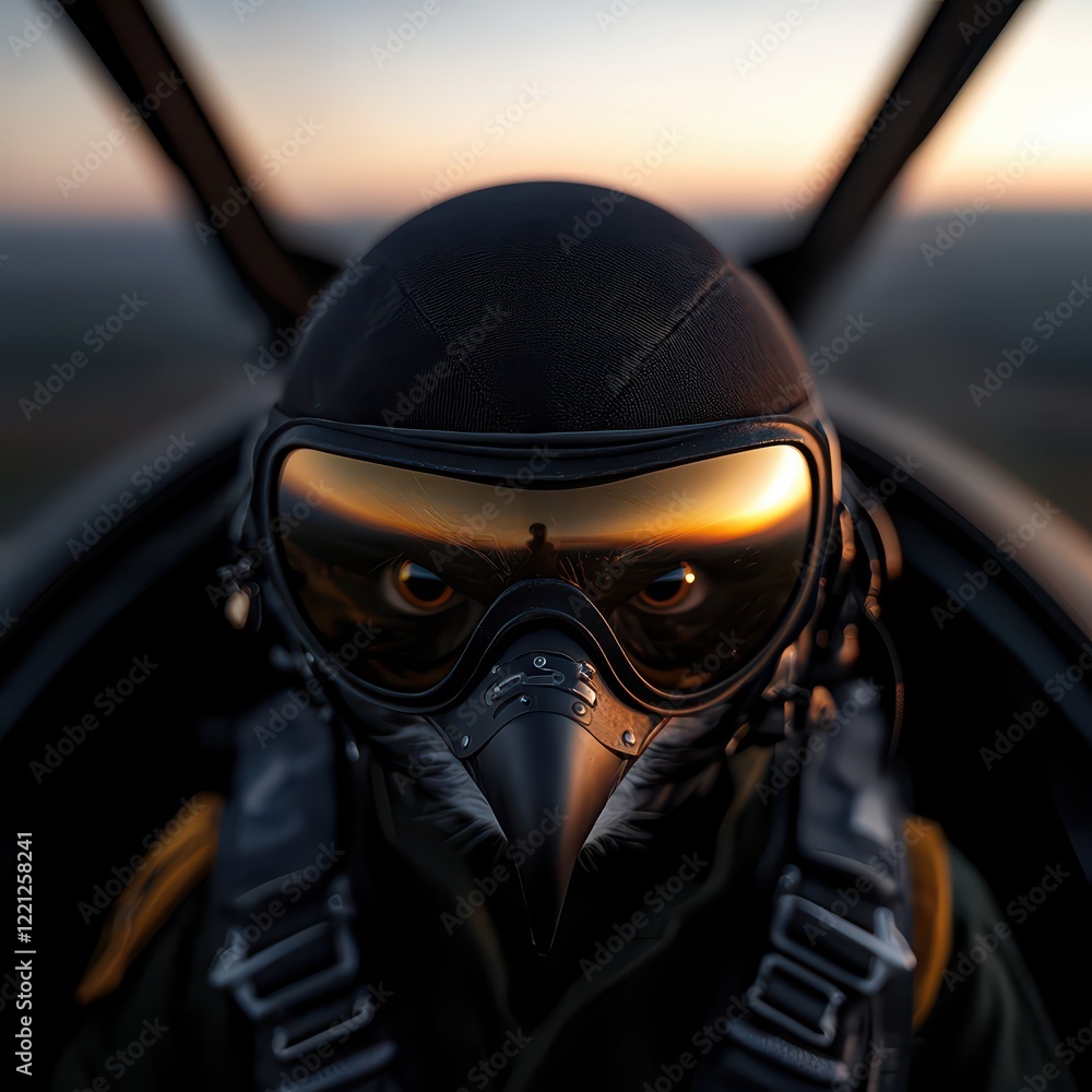 A pilot in a unique mask and goggles, showcasing bravery and adventure in the sky during a beautiful sunset. A pilot in a unique mask and goggles, showcasing bravery and adventure in the sky during a beautiful sunset.