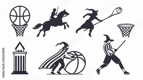 Flat Icon Silhouettes of Fantasy Sports with Magic Goals and Floating Trophies