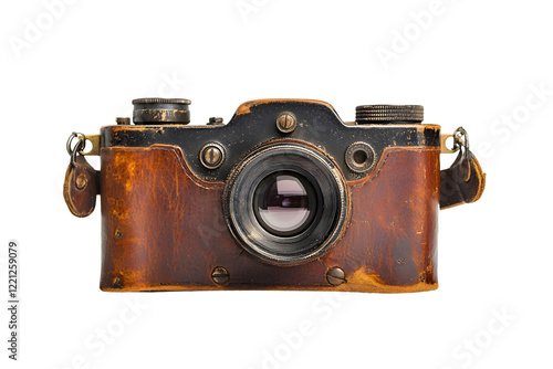 Vintage camera with leather case and lens isolated on transparent or white background photo