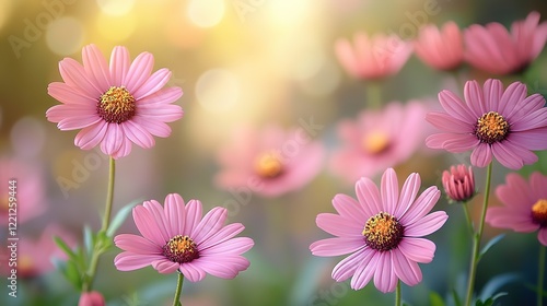 pink daisy flower sway in wind with gentle sunlight, spring nature background