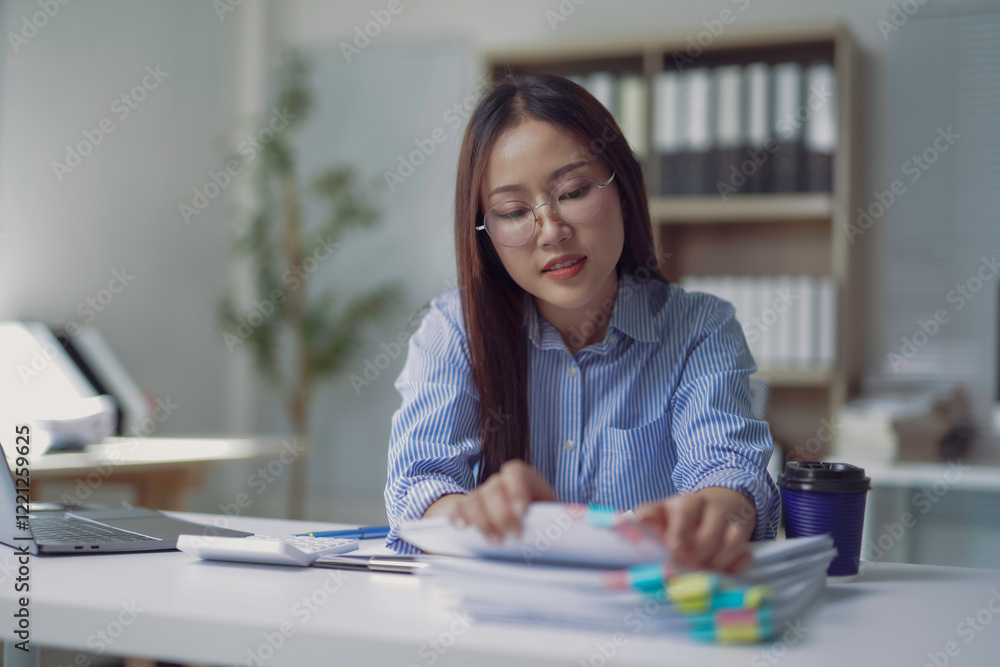 Asian accountant checking financial documents in office using laptop and calculator Asian accountant checking financial documents in office using laptop and calculator