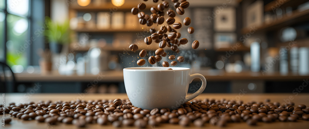 close-up shot of coffee beans falling mid-air into a cup close-up shot of coffee beans falling mid-air into a cup