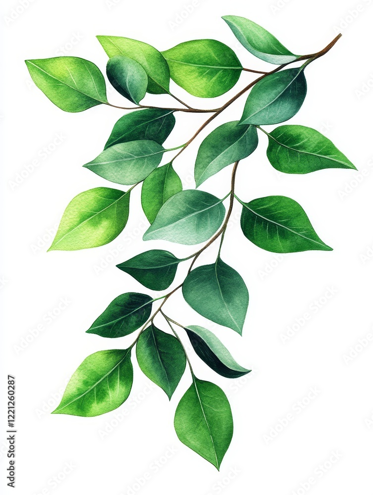 Green Branch with Leaves Watercolor Painting - Vibrant green branch, lush foliage, nature's beauty, spring growth, fresh leaves. Symbolizing growth, renewal, nature, life, and tranquility. Green Branch with Leaves Watercolor Painting - Vibrant green branch, lush foliage, nature's beauty, spring growth, fresh leaves. Symbolizing growth, renewal, nature, life, and tranquility.