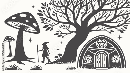 Flat icons silhouettes of mystical forests, treehouses, and glowing mushrooms creating a magical woodland scene
