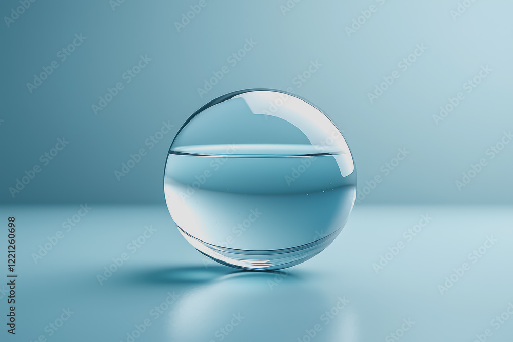 Glass sphere filled with water resting on a reflective surface with soft natural light creating an artistic visual effect Glass sphere filled with water resting on a reflective surface with soft natural light creating an artistic visual effect
