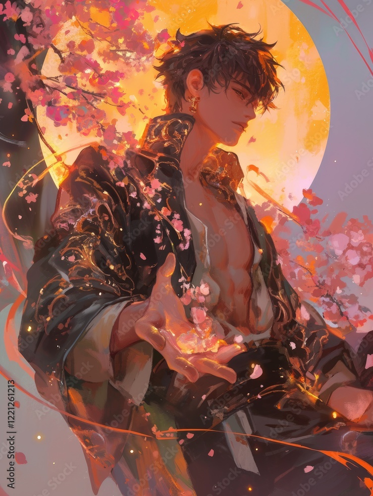 Young Man Holds Glowing Cherry Blossoms Underneath a Full Moon Young Man Holds Glowing Cherry Blossoms Underneath a Full Moon