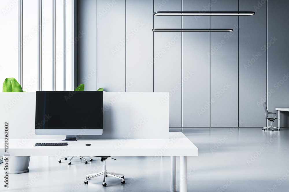 Modern office interior with clean white furniture and sleek design. 3D Rendering