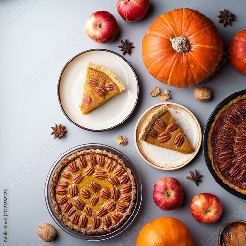 Generated image A flat lay of traditional Thanksgiving desserts like pumpkin pie, pecan pie, and apple pie