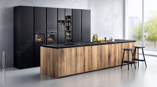 Modern Kitchen Design with Wood Island and Black Cabinets - Sleek black cabinetry contrasts beautifully with a rustic wood kitchen island photo