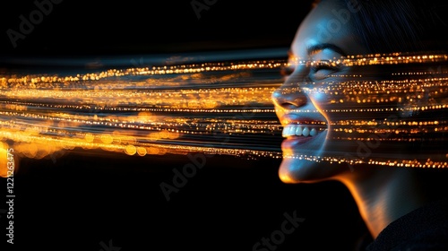 Joyful laughter of a dark-skinned male captured in multiple exposure, blending his smiling face with light trails and creative, flowing visuals that amplify the happiness