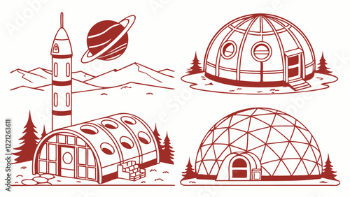 Flat icons silhouettes of space colonies, terraforming, and zero-gravity habitats