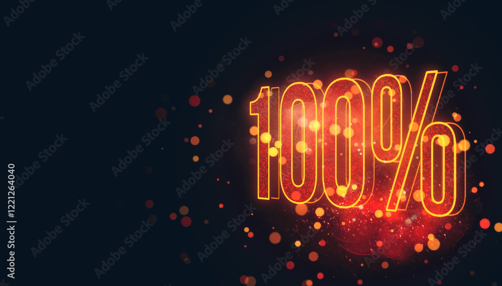 Glowing 100 percent Text with Red Bokeh Effect on Dark Background. 3D Rendering Glowing 100 percent Text with Red Bokeh Effect on Dark Background. 3D Rendering
