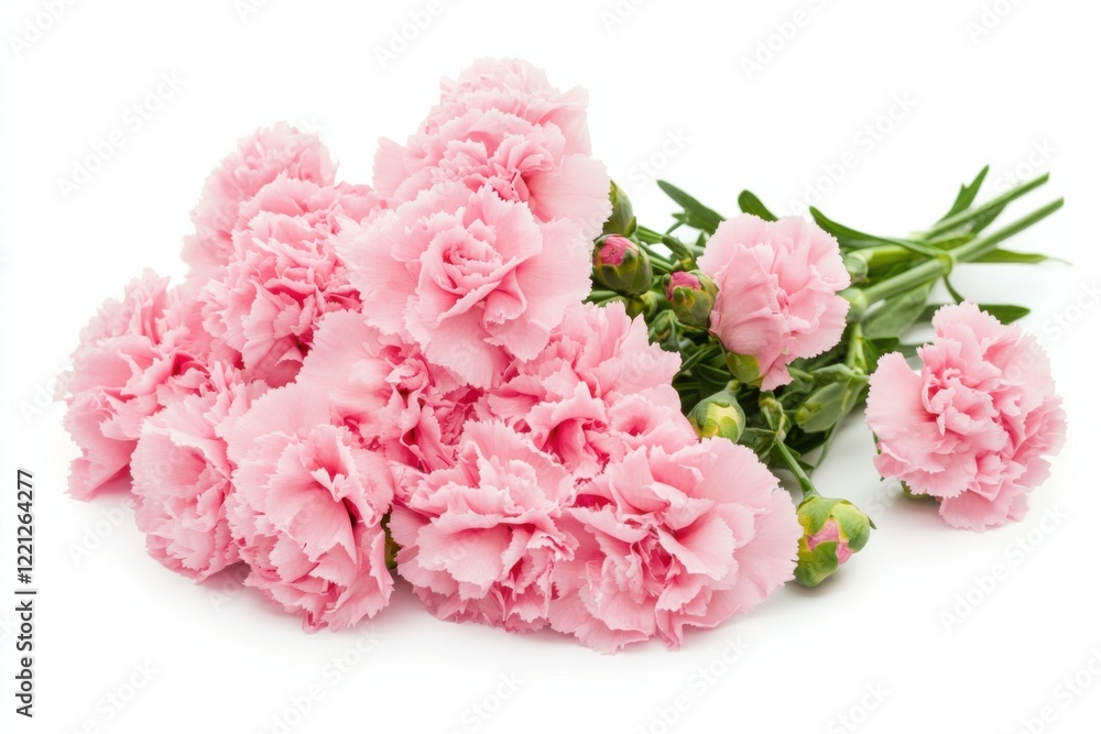 Soft pink carnations arranged elegantly on a white background showcasing their delicate petals and vibrant hue Soft pink carnations arranged elegantly on a white background showcasing their delicate petals and vibrant hue