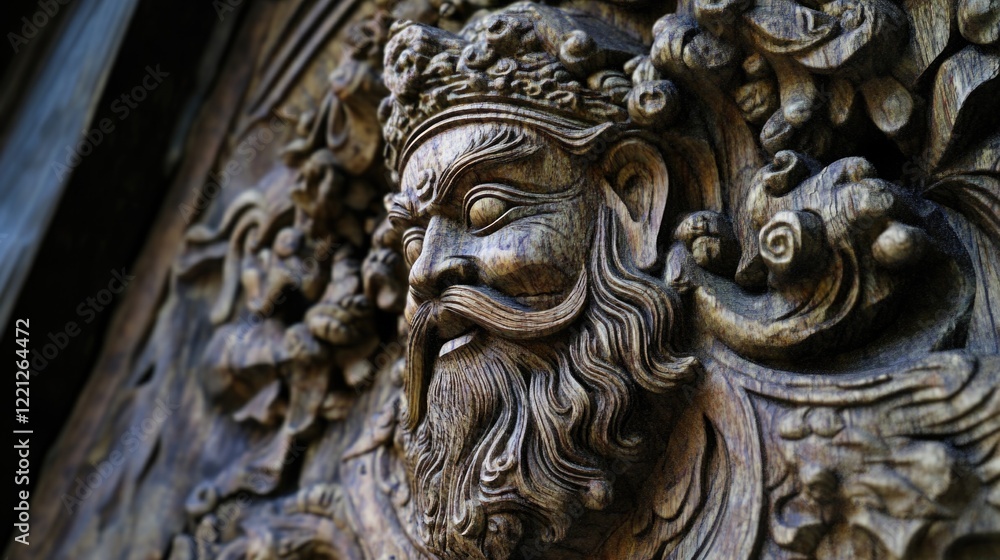 Intricately carved wooden sculpture of bearded man with crown Intricately carved wooden sculpture of bearded man with crown