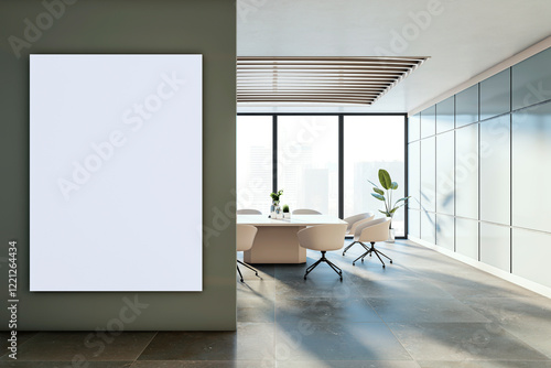 Fotografie Modern conference room with blank vertical poster on wall and bright city view through large windows