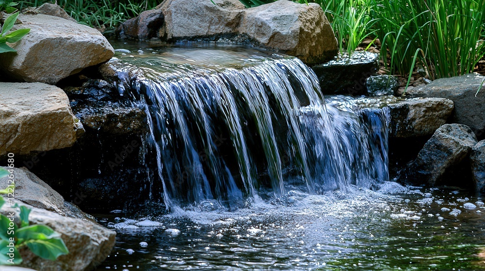 Obraz premium A serene waterfall cascading down rocks, with soft, warm light illuminating the droplets as they fall, creating a misty atmosphere and deep shadows around the water.