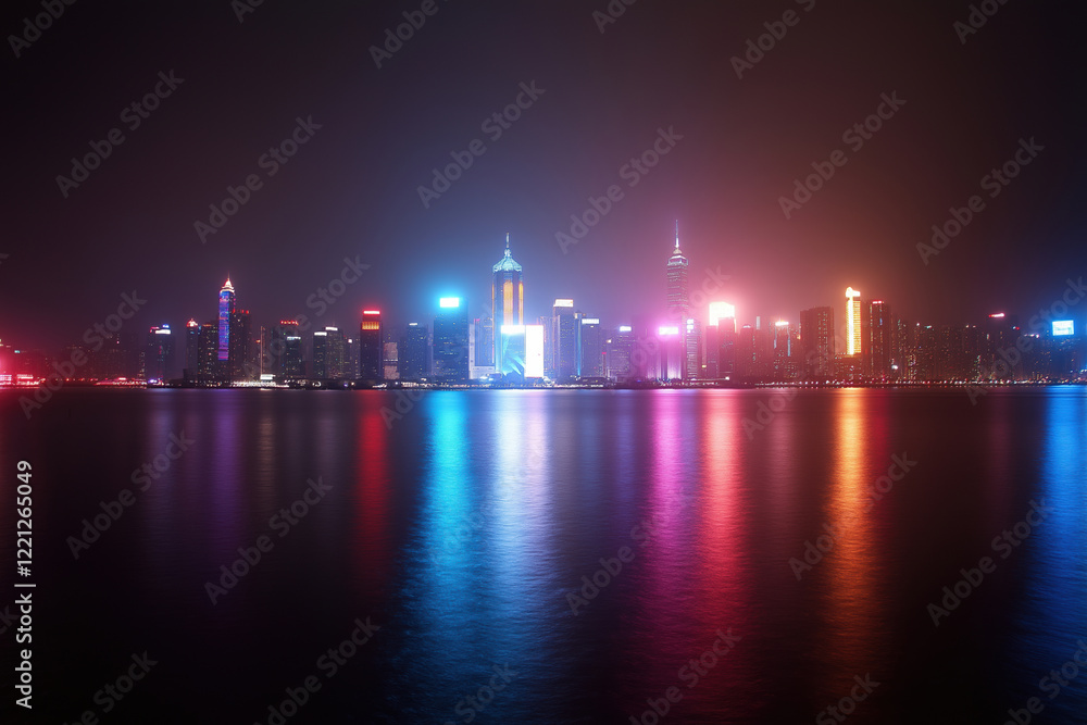 Fototapeta premium City skyline illuminated at night with vibrant lights reflecting on water