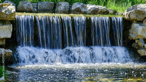 A serene waterfall cascading down rocks, with soft, warm light illuminating the droplets as they fall, creating a misty atmosphere and deep shadows around the water.
