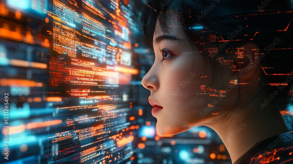 Profile of a woman with digital data visualization background. Profile of a woman with digital data visualization background.