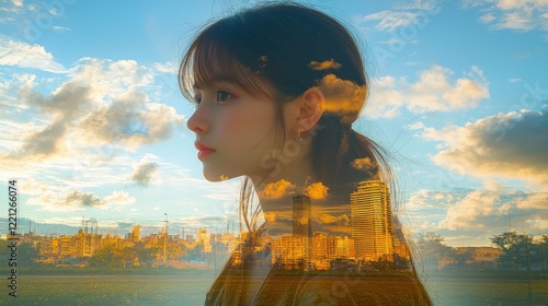 A girlâ€™s portrait in double exposure, merging her silhouette with city skylines, symbolizing ambition, growth, and the intersection of nature and urban life photo