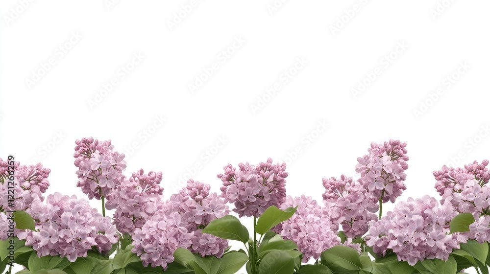 Lilac flowers bloom beautifully in spring, creating a vibrant border with delicate purple hues against a white backdrop Lilac flowers bloom beautifully in spring, creating a vibrant border with delicate purple hues against a white backdrop